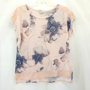 BELLAMBIA Italian Pink Sort Sleeve Floral Shirt Top w/ Sequin Detailing